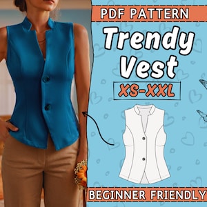 Vest naaipatroon pdf, bijgesneden vest giletpatroon, eenvoudig pdf-patroon damesvest | XS-XXL | Zomertrend knooppatroon jas