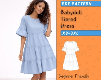 Babydoll Tiered Dress Sewing Pattern, Flare Sleeve Summer PDF (XS-3XL)