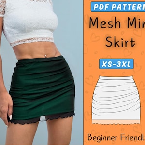 Mesh Mini Skirt Sewing Pattern, High Waist Layered mini skirt PDF Pattern, Beginner Summer A-line Micro Skirt | XS-3XL | A0, A4 & US-Letter