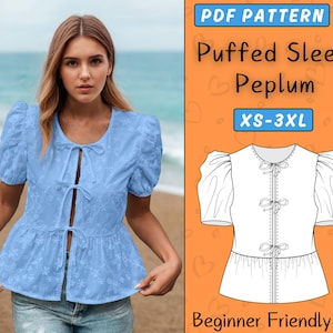 Puffed Sleeve Peplum PDF Top pattern | Tie Front Blouse Sewing Pattern | XS-3XL | Women Shirt Tie top pattern for Beginner, Summer Tank Top