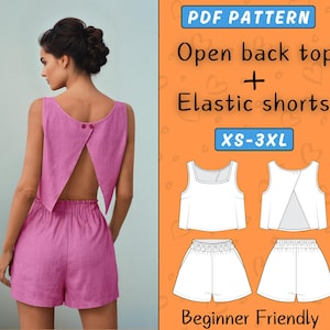 Open Back Top + Easy shorts Sewing Pattern | Square neck crop top and elastic High waist shorts set | XS-3XL | Women PDF Beginner pattern