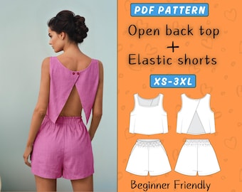 Open Back Top + Easy shorts Sewing Pattern | Square neck crop top and elastic High waist shorts set | XS-3XL | Women PDF Beginner pattern