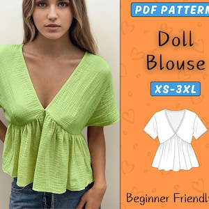 Doll Blouse Sewing Pattern, V Neck Blouse PDF Pattern, Linen Flared Sleeves Blouse For Women, Beginner Shirt top pattern, Vintage Blouse