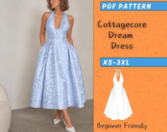 Lace-Up Back Cottagecore Dress Sewing Pattern, V-Neck Sleeveless Midi A-Line Dress, Halter Neck Formal Wedding Dress Digital PDF, XS-3XL