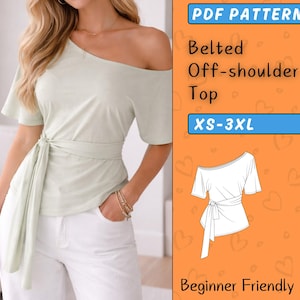 May include: A light green, off-shoulder top with a belted waist and short sleeves. The top is paired with white pants. The image also includes text that says "PDF Pattern", "Belted Off-shoulder Top", and "XS-3XL".