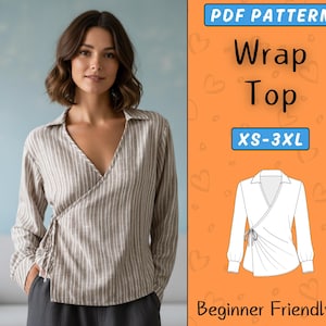 May include: A woman wearing a beige and white striped wrap top with a collared neckline. The image includes a PDF pattern graphic for a wrap top, sizes XS-3XL, and the text "Beginner Friendly".