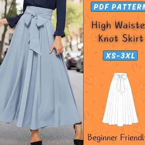Puede incluir: Una falda anudada de cintura alta azul claro con una corbata a juego. La imagen también incluye un patrón PDF para la falda, con tallas XS-3XL, y el texto "Beginner Friendly".