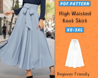 High Waisted Maxi Skirt Sewing pattern, Tie Knot Flared long Skirt PDF Pattern, Beginner Friendly, Full-Length Skirt With Zip Back, XS-XXXL