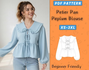 Peter Pan Peplum Blouse Pattern, Front Tie Blouse PDF sewing pattern, Peter Pan Collar, Beginner Women Top, Vintage Shirt Long puff Sleeve