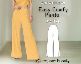 Patron de couture simple pour pantalons confortables | TP-3TG | Modèle PDF de pantalons d&#39;été longs et larges pour femmes, modèle numérique facile de pantalons oversize taille haute