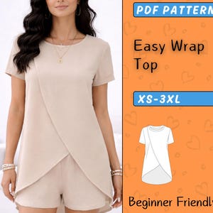 Patrón de costura PDF para top cruzado para mujer, patrón de blusa de manga corta con cuello redondo para principiantes, camisa cruzada fácil de hacer tú mismo, descarga digital, tallas XS-3XL