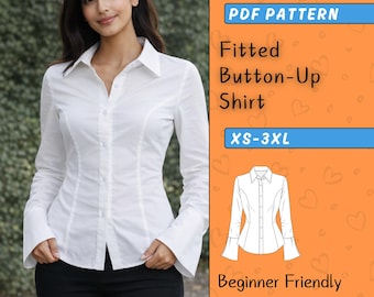 Fitted Shirt Sewing Pattern For Women, Button Up Shirt With flared Long sleeve, Classic Tailored Blouse, Fall Top Digital DIY PDF, XS-3XL