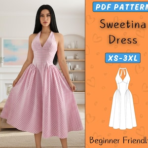 Puede incluir: Un vestido halter a cuadros rosas y blancos con falda amplia. La imagen también incluye un gráfico con el texto "PDF PATTERN Sweetina Dress XS-3XL Beginner Friendly".