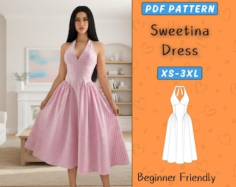 Halter Neck Dress Pattern, Open Back Dress Pdf Sewing Pattern, Tie Back Dress, Backless Evening & Graduation Dress, DIY Midi Dress XS–XXXL