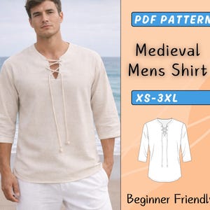 May include: A cream-colored medieval shirt with a lace-up neckline and three-quarter sleeves. The shirt is part of a PDF pattern, with text that reads "Medieval Mens Shirt" and "XS-3XL". A small illustration of the shirt is also included.