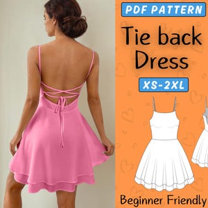 Tie Back Dress Sewing pattern | XS-XXXL | Mini Dress PDF Pattern, Easy Babydoll dress, Short Cami Sundress Dress Women, Summer strap dress