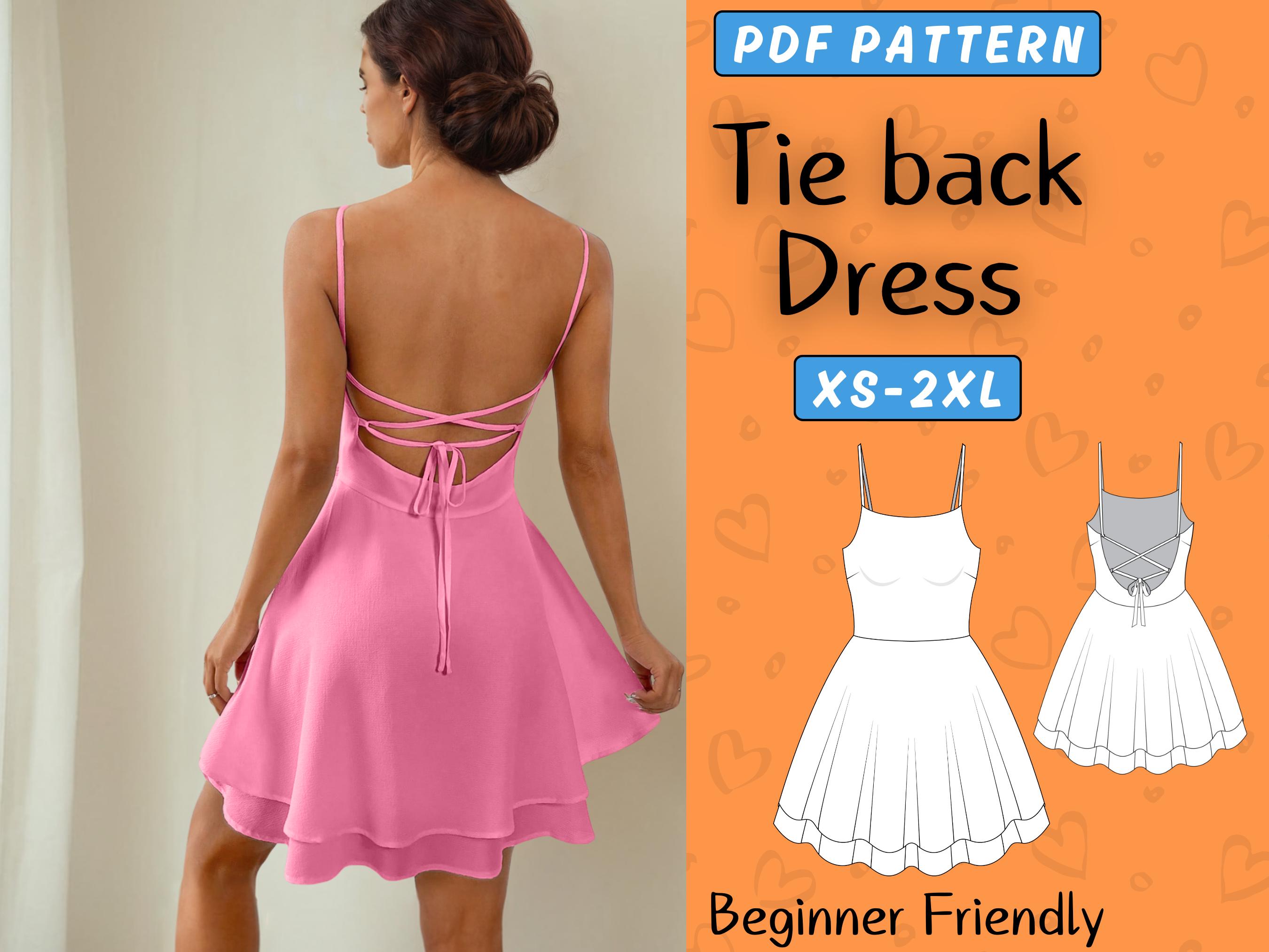 Tie Back Dress Sewing pattern | XS-XXXL | Mini Dress PDF Pattern, Easy Babydoll dress, Short Cami Sundress Dress Women, Summer strap dress