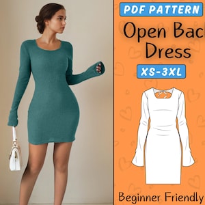 Long Sleeved Open Back Dress Pattern, Sizes: XS-3XL, Fitted Mini Dress For women, Backless Dress Digital Patterns