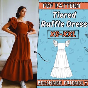 Tiered Ruffle Dress Sewing Pattern | Easy Dress PDF Pattern | Beginner Dress Sewing Pattern| Instant Download | Comfy Hem Maxi Dress PDF