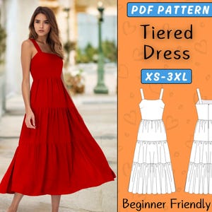 Tiered Dress Pattern | Square Neck maxi dress PDF Sewing pattern | XS-3XL | Women Summer Dress with slit, Beginner Pattern Sundress Pattern