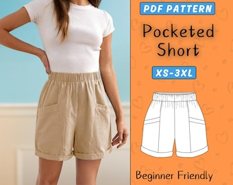Pocketed Shorts Pattern, Women's High Waist Shorts Sewing Pattern PDF, Easy Beginner Shorts, Elastic Waistband Shorts Pattern, Sizes XS-3XL