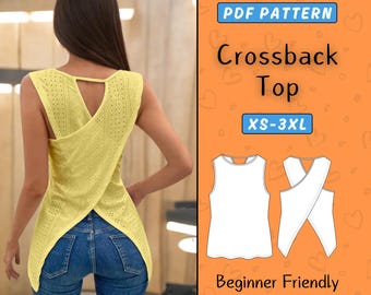 Patroon top met gekruiste achterkant | Easy Wrap Top pdf-naaipatroon | XS-3XL | Blousepatroon dames voor beginners | Zomertanktop met gekruiste achterkant