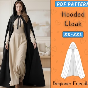 May include: A black hooded cloak with a tie closure, worn over a cream-colored outfit. The image includes text that reads "PDF Pattern," "Hooded Cloak," "XS-3XL," and "Beginner Friendly."