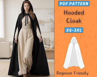 Hooded Cloak Sewing Pattern, Women Medieval Hooded Long Cape PDF Pattern, Gothic Cloak pattern for Halloween cosplay, Beginner Elven Cape