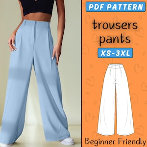 Pants Sewing Pattern | Trousers Pattern for Women | XS-XXXL | Trendy Wide Leg Pants Pattern, Easy High Waisted Palazzo Pants PDF Pattern