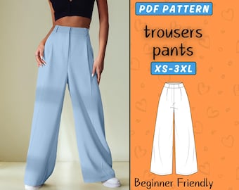 Patron de couture pour pantalons | Patron de pantalon pour femme | TP-XXXL | Patron de pantalon large tendance, patron PDF facile de pantalon palazzo taille haute