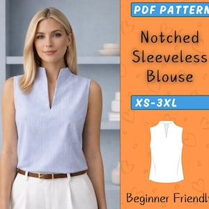 Molde para blusa feminina sem mangas, modelo fácil de regata de linho, blusa elegante com decote em V em PDF, tamanho básico para iniciantes (XS-3XL).