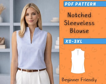 Women's Sleeveless Blouse Sewing Pattern, Easy Linen Tank Top Pattern, Elegant Notched Neck Shirt PDF, Basic Beginner Friendly XS-3XL