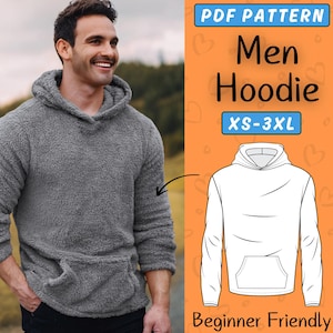 Peut inclure: Un patron PDF pour un sweat à capuche gris avec cordon de serrage. Le patron est disponible en tailles XS-3XL et est facile à réaliser pour les débutants. L'image montre un modèle portant un sweat à capuche gris.