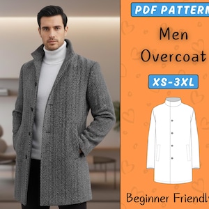 Patrón de abrigo para hombre (PDF) / Patrón de chaqueta de invierno / Patrón de gabardina larga para hombre / Abrigo de botonadura sencilla / Tallas XS-XXXL