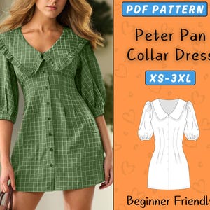 Peter Pan Collar Mini Dress Sewing Pattern | Vintage Button Down Dress With Puff Sleeve PDF Pattern | XS-3XL | Summer Beginner V Neck Dress