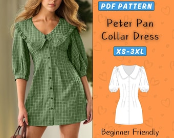 Peter Pan Collar Mini Dress Sewing Pattern | Vintage Button Down Dress With Puff Sleeve PDF Pattern | XS-3XL | Summer Beginner V Neck Dress