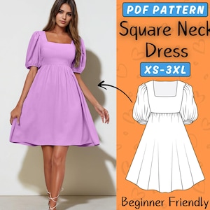 Square Neck Dress Pattern | Puff Sleeve Dress Pattern | Sewing Patterns | Mini Womens Dress Pattern | Easy Beginner Puff Dress Pattern PDF