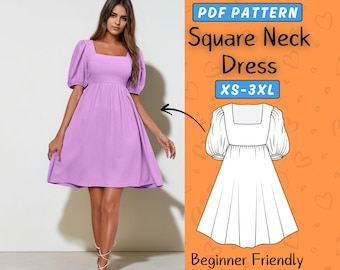 Square Neck Dress Pattern | Puff Sleeve Dress Pattern | Sewing Patterns | Mini Womens Dress Pattern | Easy Beginner Puff Dress Pattern PDF