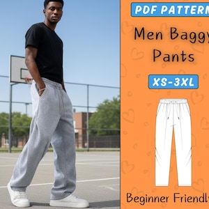 Könnte beinhalten: Eine Person trägt eine graue, weite Hose mit Kordelzug und Taschen, kombiniert mit einem schwarzen T-Shirt und weißen Turnschuhen. Das Bild enthält den Text "PDF Pattern", "Men Baggy Pants" und "XS-3XL". Das Design ist "Beginner Friendly".