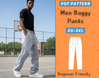 Baggy Pants Sewing Pattern for Men, Joggers Pants with Pockets PDF Pattern, Sweatpants Pattern, Drawstring Loose Pants, Elastic Waistband