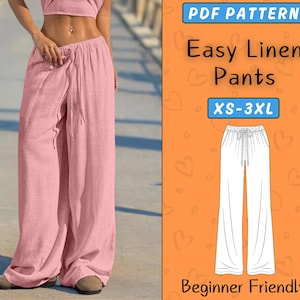 Linen High Waist Pants PDF Sewing Pattern, Women&#39;s Wide leg pants with pockets Pattern, Beginner Summer Lounge Pants With Tie Strings