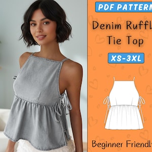 以下が含まれることがあります： ライトグレーのデニムラッフルタイトップ。ノースリーブでスクエアネックです。画像には「PDFパターン」、「XS-3XL」、「初心者向け」の文字も含まれています。