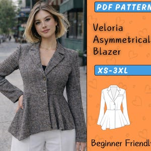 Op de afbeelding: Een vrouw draagt een asymmetrische blazer van grijze tweed met een peplum. De afbeelding bevat de tekst "PDF Pattern", "Veloria Asymmetrical Blazer" en "XS-3XL". Een lijntekening van de blazer is ook afgebeeld. De tekst "Beginner Friendly" is ook zichtbaar.