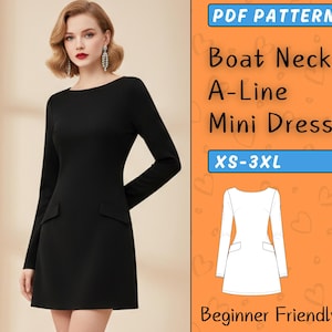 Peut inclure: Une femme porte une mini-robe noire trapèze à manches longues et col bateau. La robe a deux poches avant. Le texte à droite indique "PDF PATTERN Boat Neck A-Line Mini Dress XS-3XL Beginner Friendly."