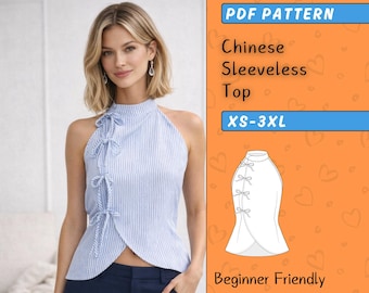 Asymmetrical Summer Top Sewing Pattern PDF, Linen Sleeveless Blouse for Women, Chinese Neckline Tank with Bow, Beginner Digital Download