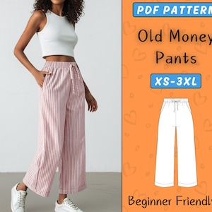 May include: A person wearing pink and white striped wide-leg trousers with a drawstring waist and a white vest top. The image includes text that reads "PDF PATTERN Old Money Pants XS-3XL Beginner Friendly".