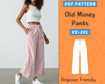 Old Money Wide Leg Pants Pattern, Elastic High Waist Pants Sewing Pattern PDF, Women’s Pants with Pleats & Tie, Easy Cropped Pants Beginner