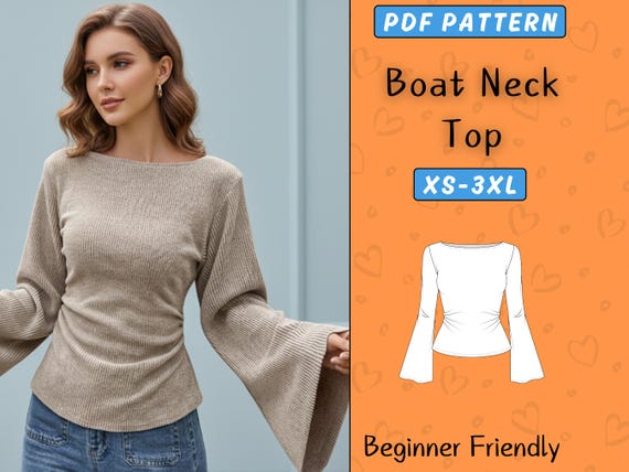 Boat Neck Top Pattern, Flare Long Sleeve PDF Sewing Pattern, Easy Knit Top With Boatneck, Beginner Friendly, Sizes XS-3XL, Digital Download