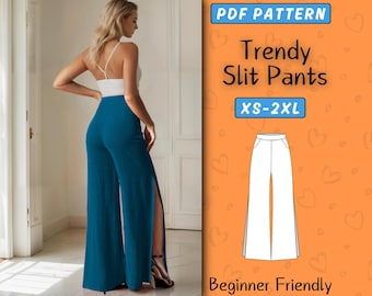 Patron de couture pantalon large fendu, patron PDF de pantalons confortables pour femmes débutantes, téléchargement immédiat, tailles XS-XXL, A0, A4 et modèle lettre US