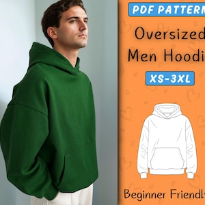 Peut inclure: Une personne porte un sweat à capuche vert foncé surdimensionné. L'image comprend le texte "PDF PATTERN Oversized Men Hoodie XS-3XL Beginner Friendly". Un dessin au trait du sweat à capuche est également affiché.
